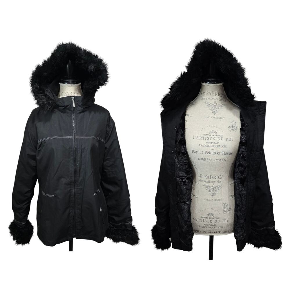 Regent Park Black Faux Fur Lined Hooded Parka Jacket Removable Vest Liner Hood